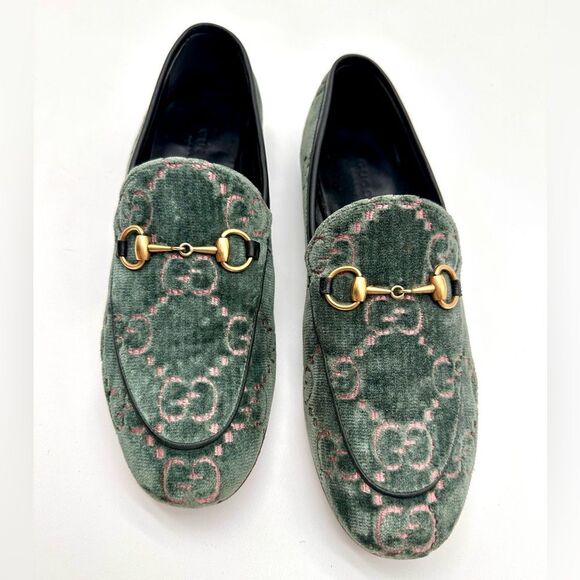 Gucci Jordaan GG Monogram Velvet Loafers Horsebit Flats Green & Pink EU 37 US 7 - Picture 3 of 11